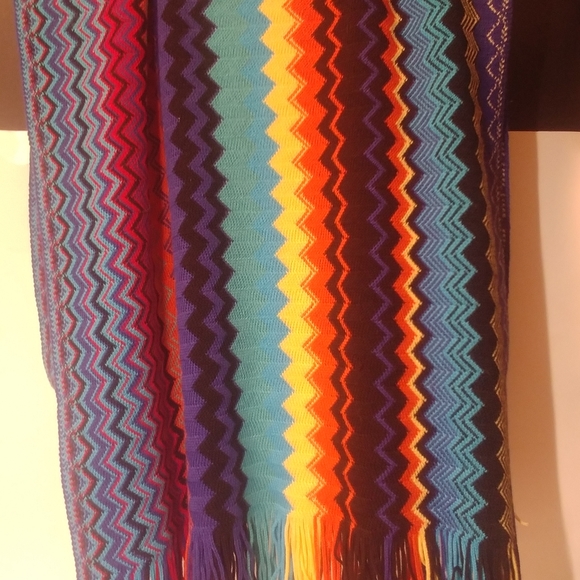 Missoni Chevron Zigzag Multicolor Wool Blend Fringed Knit Scarf Italy orange - Picture 2 of 6